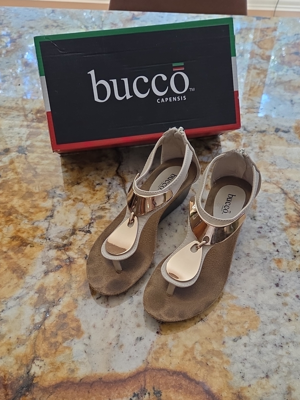 bucco Beige and Gold T-Strap Wedge Sandals